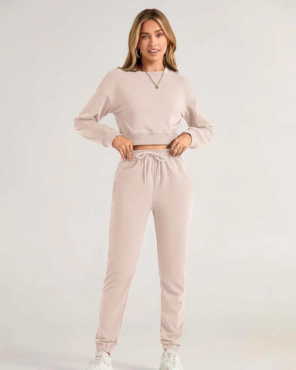 BTFBM Women 2 Piece Outfits Long Sleeve Crop Top Pullover Drawstring Pant Jogger Set Casual Sweatsuits Tracksuit Pockets