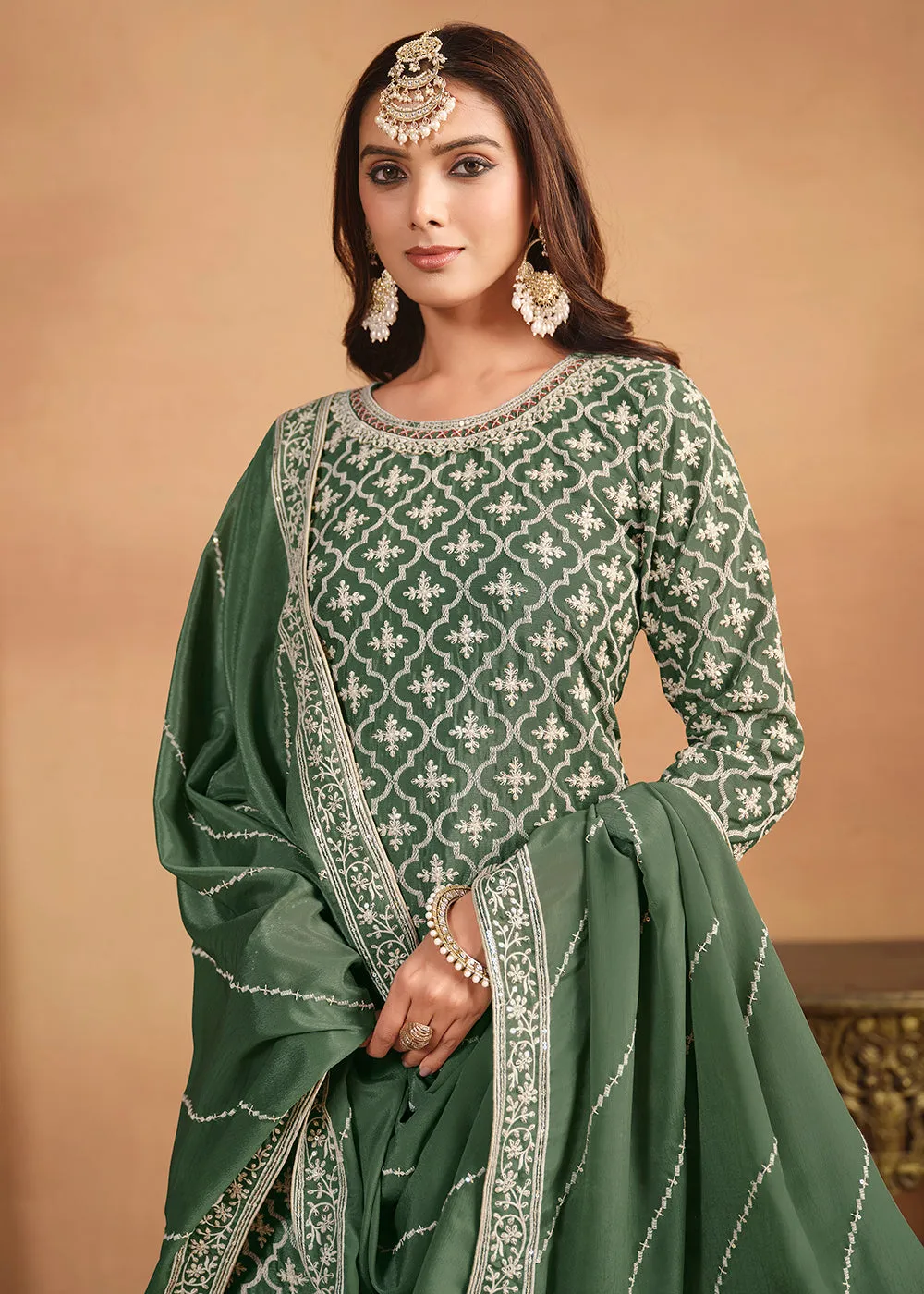 Chinnon Green Multicolor Embroidered Lehenga Style Suit