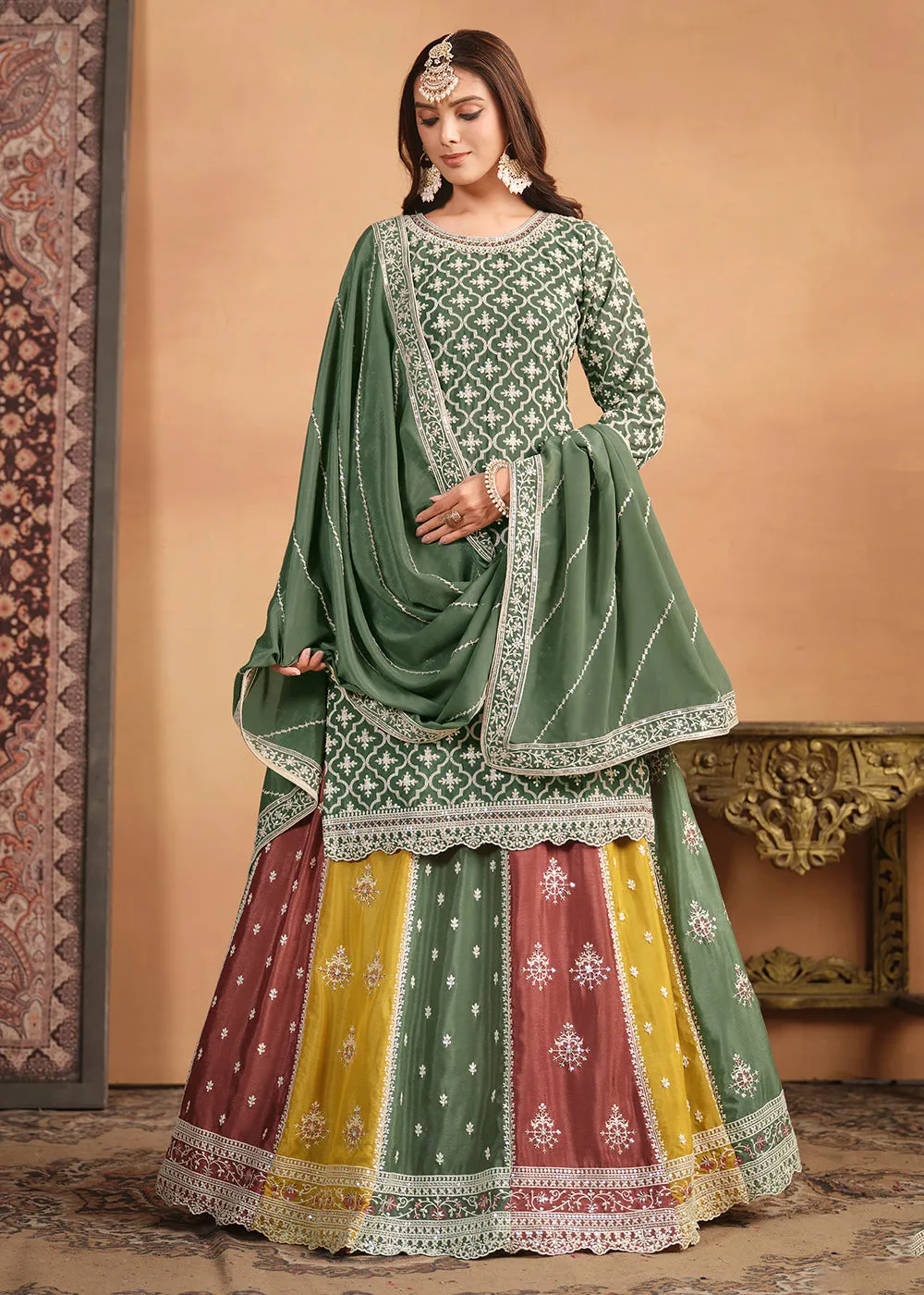 Chinnon Green Multicolor Embroidered Lehenga Style Suit