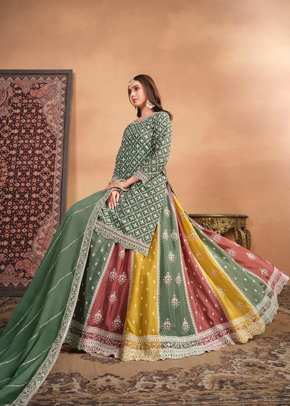 Chinnon Green Multicolor Embroidered Lehenga Style Suit