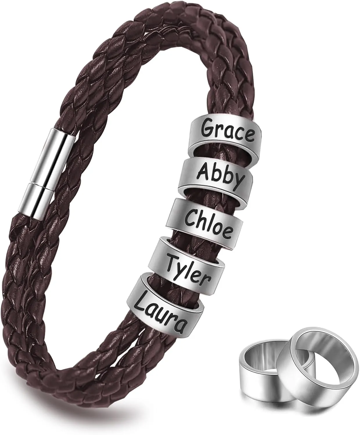 Custom Mens Bracelet with 2-8 Engraved Beads, Customized Braided Leather Name Bracelets Personalized Fathers Day Bracelets Gifts for Dad Grandpa Husband