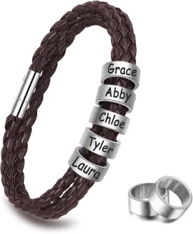 Custom Mens Bracelet with 2-8 Engraved Beads, Customized Braided Leather Name Bracelets Personalized Fathers Day Bracelets Gifts for Dad Grandpa Husband