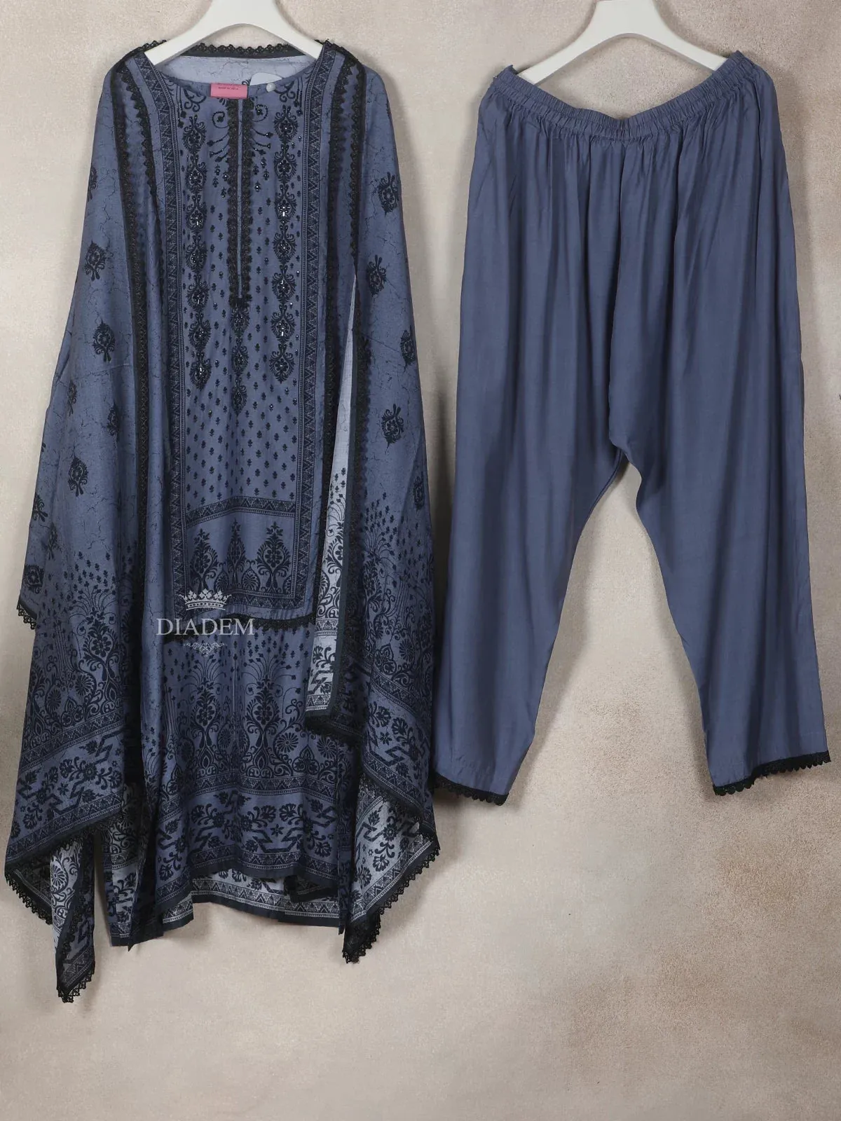 Dark Blue Cotton Straight-Cut Salwar Suit Adorned with Sequins Design Prints, Paired with Dupatta