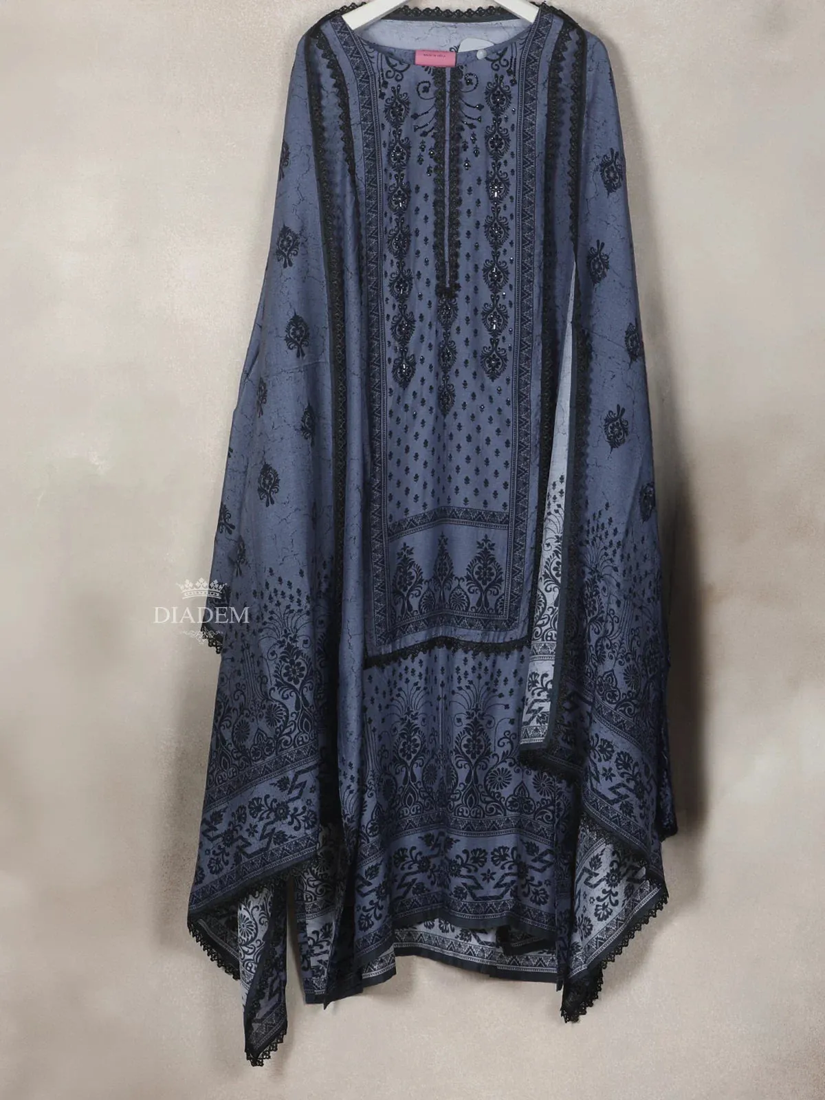 Dark Blue Cotton Straight-Cut Salwar Suit Adorned with Sequins Design Prints, Paired with Dupatta