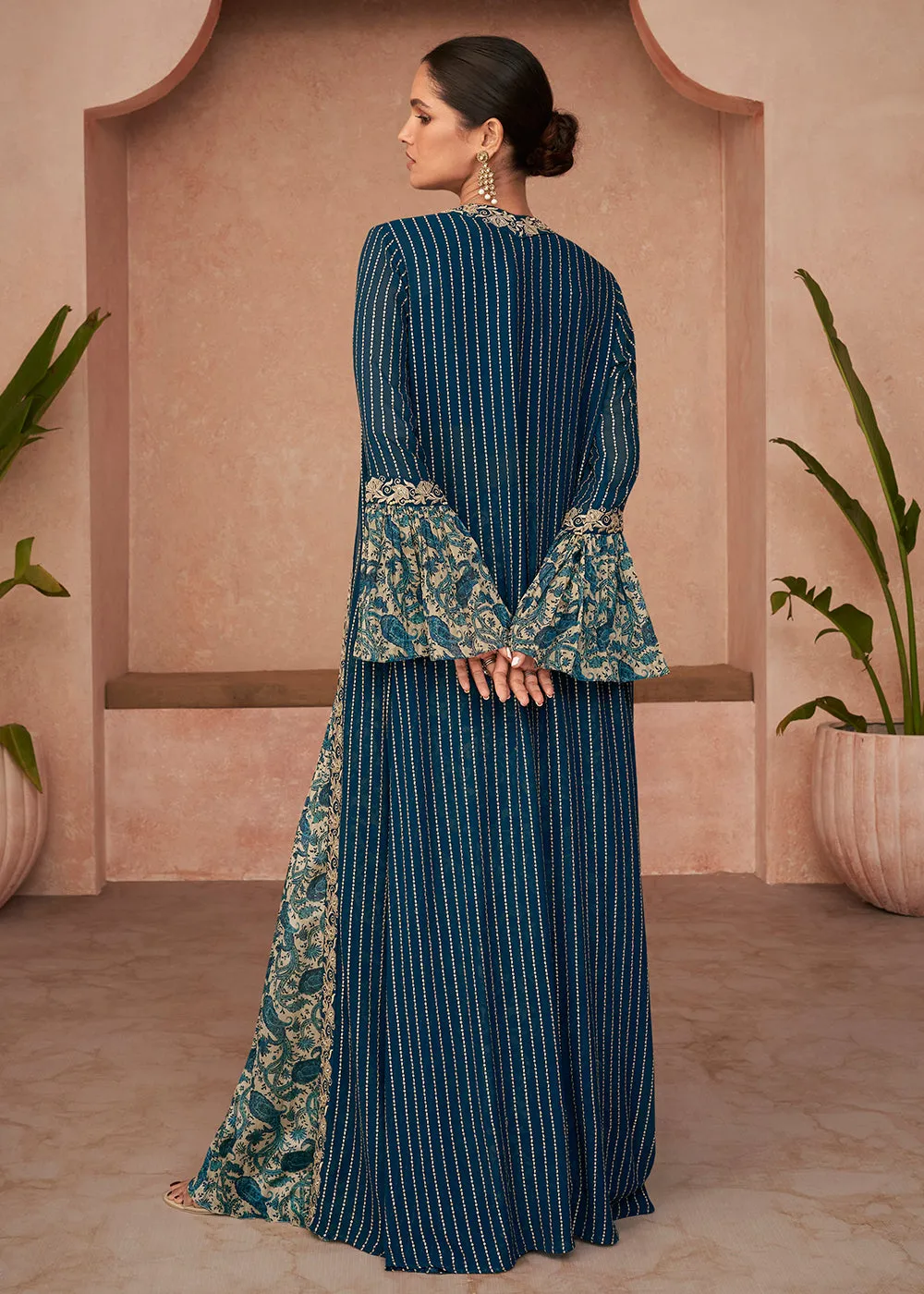 Designer Teal Blue Jacket Style Indo Western Palazzo Suit