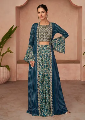 Designer Teal Blue Jacket Style Indo Western Palazzo Suit