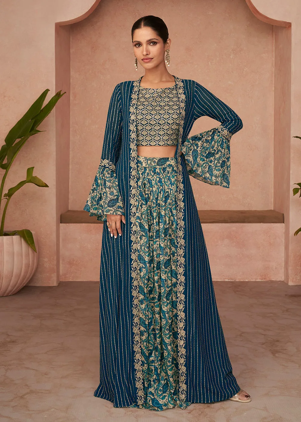 Designer Teal Blue Jacket Style Indo Western Palazzo Suit