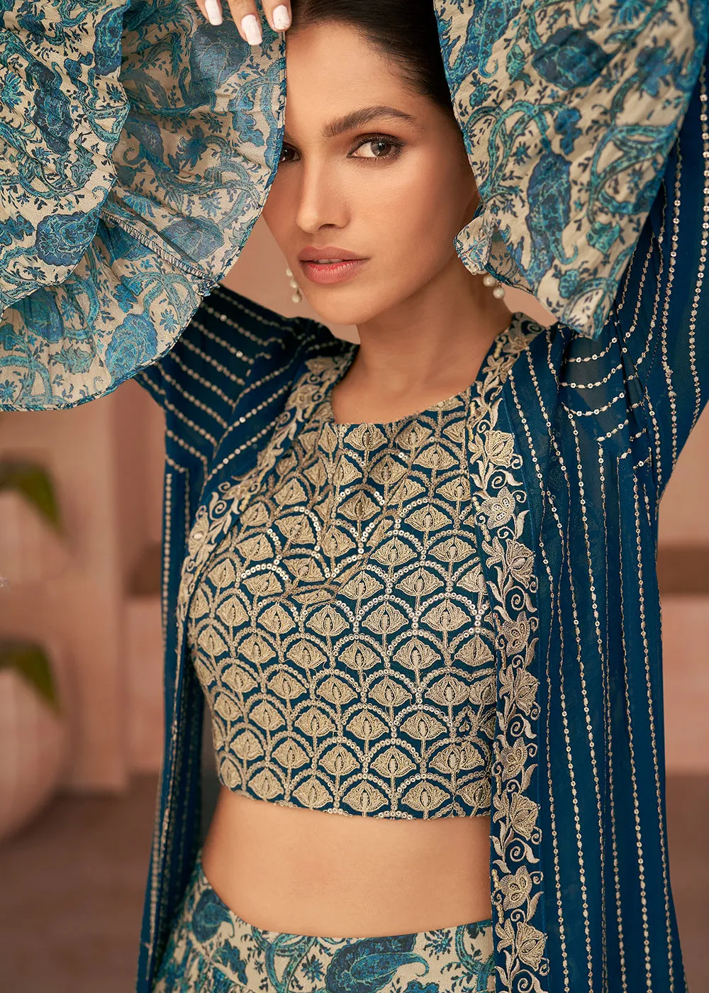 Designer Teal Blue Jacket Style Indo Western Palazzo Suit