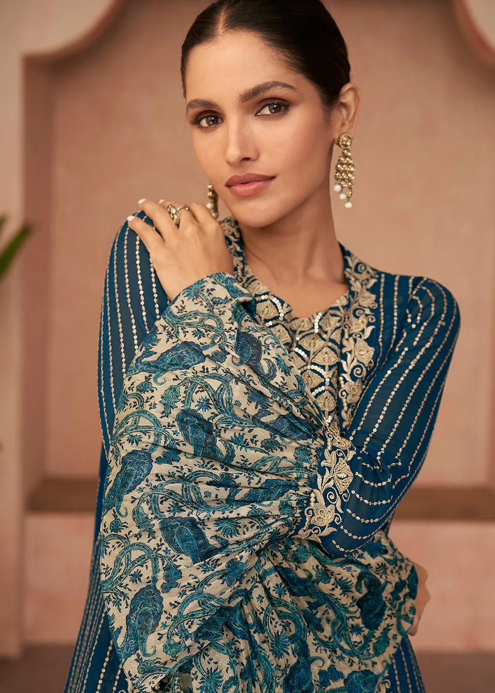 Designer Teal Blue Jacket Style Indo Western Palazzo Suit