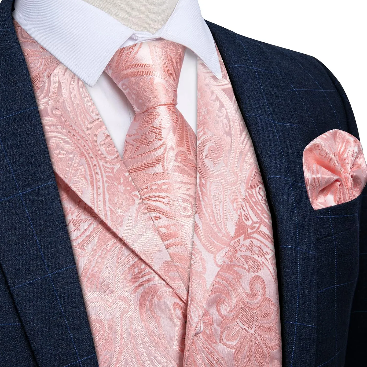 DiBanGu Mens Vest Tie Set 7PCS Silk Paisley Suit Waistcoat and Necktie Hankerchief Cufflinks Lapel Pin Set for Wedding Party