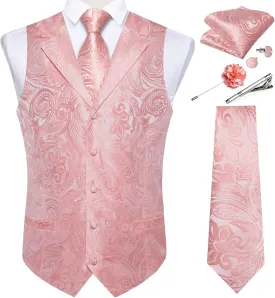 DiBanGu Mens Vest Tie Set 7PCS Silk Paisley Suit Waistcoat and Necktie Hankerchief Cufflinks Lapel Pin Set for Wedding Party