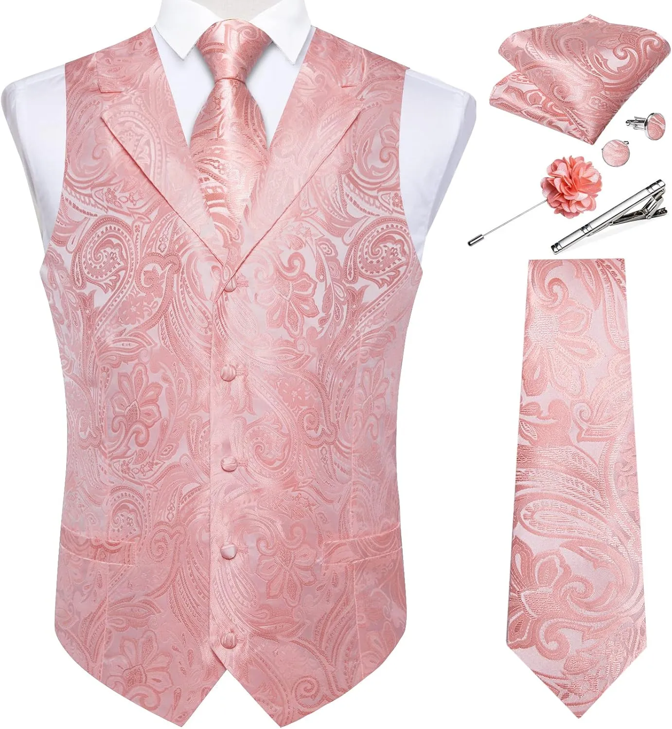 DiBanGu Mens Vest Tie Set 7PCS Silk Paisley Suit Waistcoat and Necktie Hankerchief Cufflinks Lapel Pin Set for Wedding Party