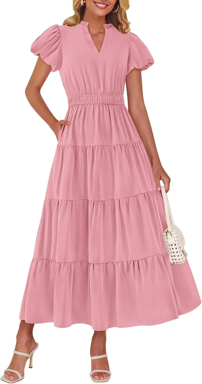dowerme Womens Summer Dresses 2025 Casual Puff Sleeve V Neck Smocked Waist A-Line Tiered Maxi Prom Dress with Pockets