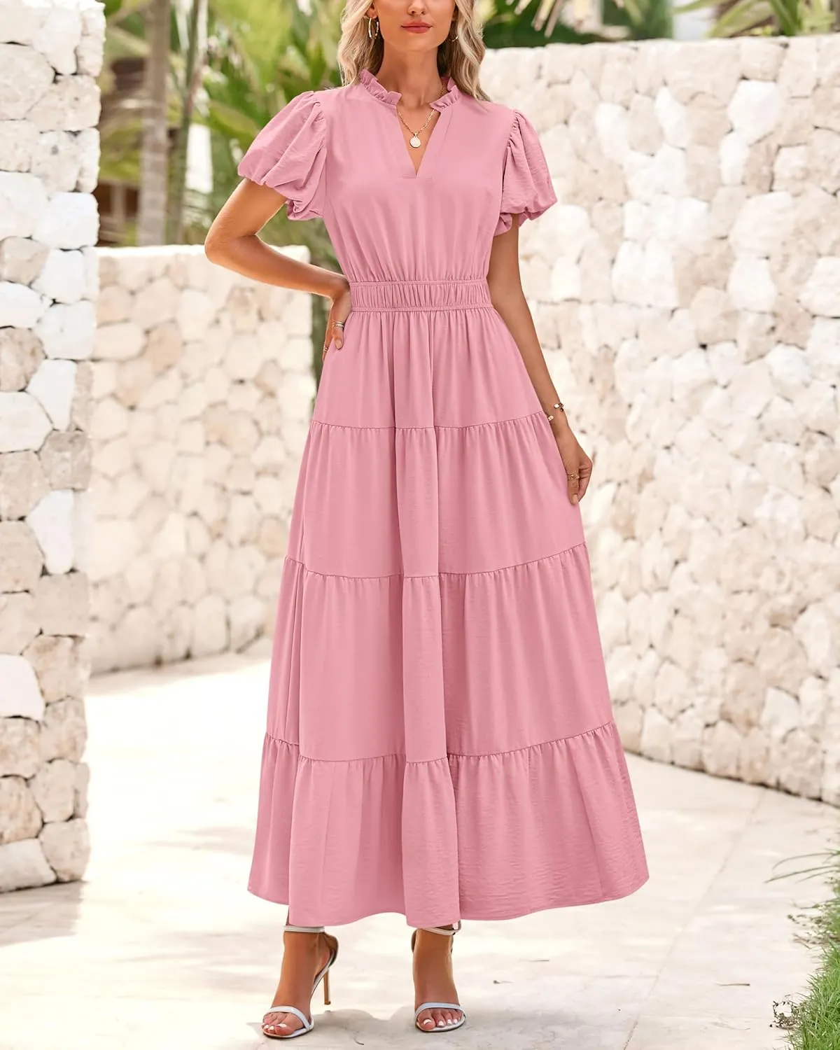 dowerme Womens Summer Dresses 2025 Casual Puff Sleeve V Neck Smocked Waist A-Line Tiered Maxi Prom Dress with Pockets