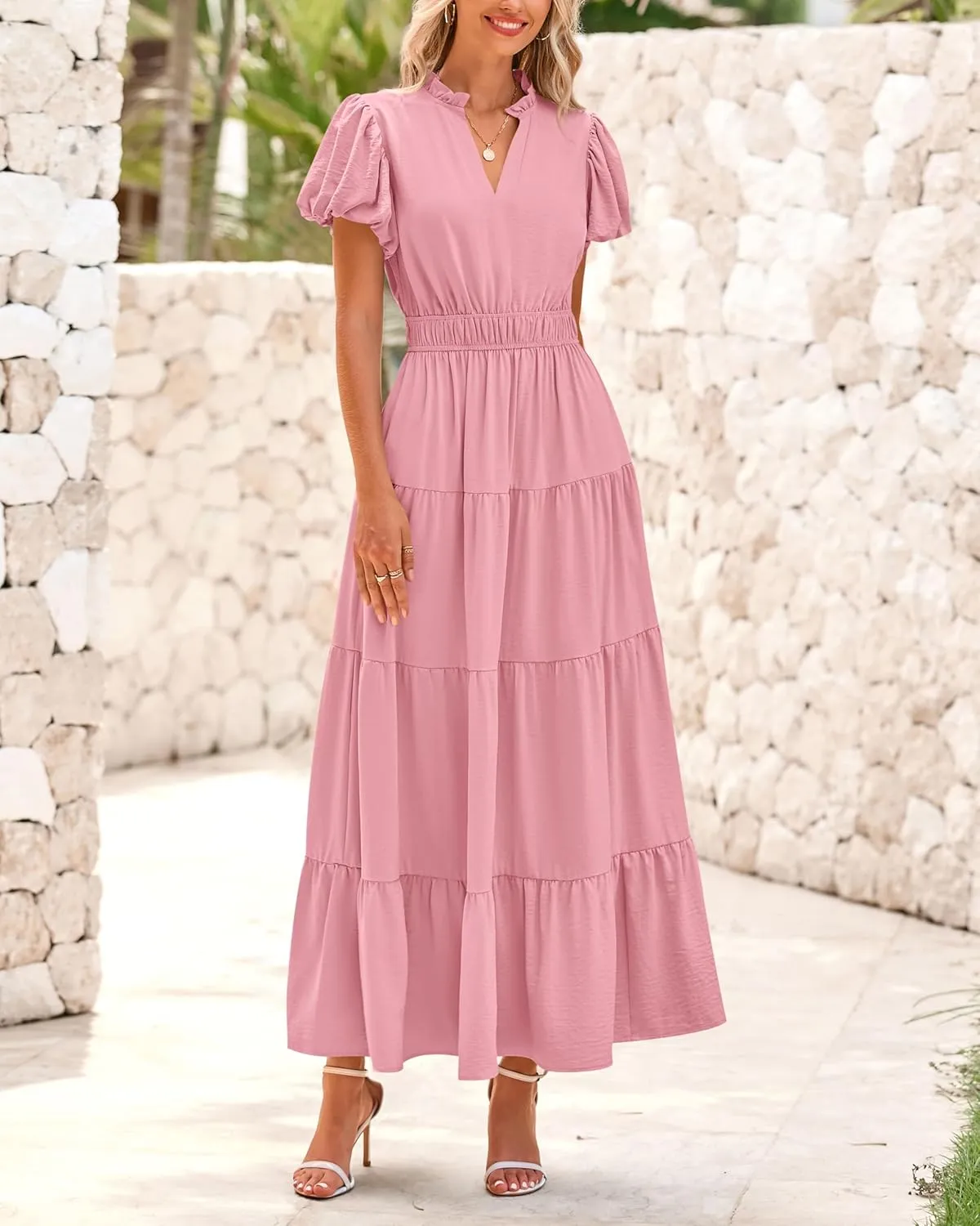 dowerme Womens Summer Dresses 2025 Casual Puff Sleeve V Neck Smocked Waist A-Line Tiered Maxi Prom Dress with Pockets