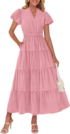 dowerme Womens Summer Dresses 2025 Casual Puff Sleeve V Neck Smocked Waist A-Line Tiered Maxi Prom Dress with Pockets