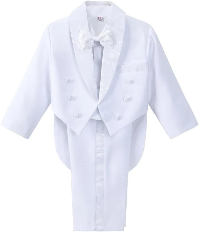 Dressy Daisy Boys Tuxedo Suit 5 Pieces Set Formal Wear Wedding Outfit with Cummerbund, Black/White 001
