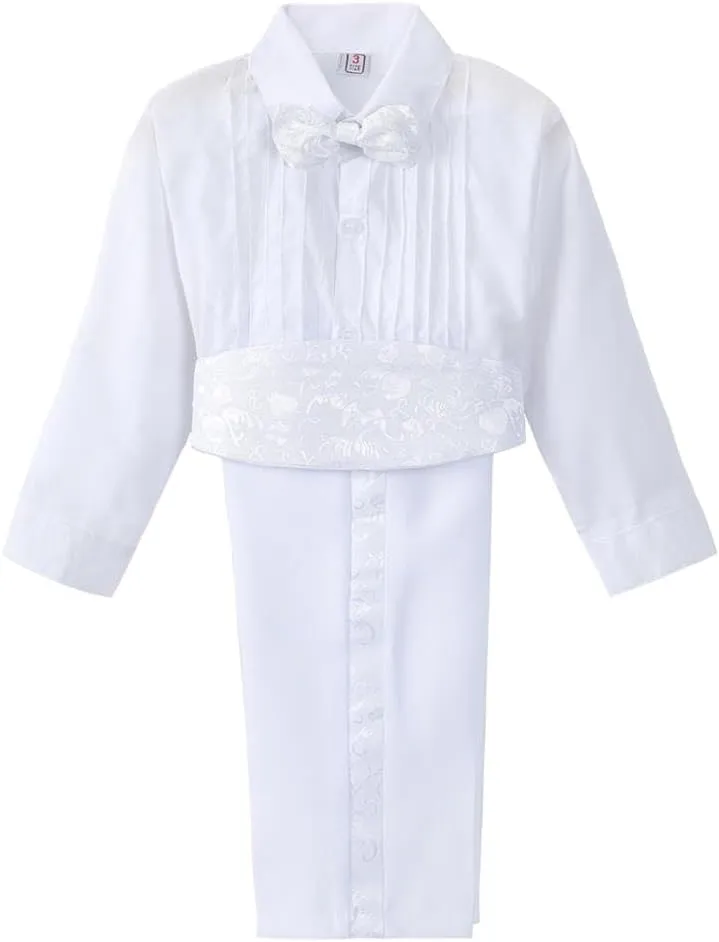 Dressy Daisy Boys Tuxedo Suit 5 Pieces Set Formal Wear Wedding Outfit with Cummerbund, Black/White 001