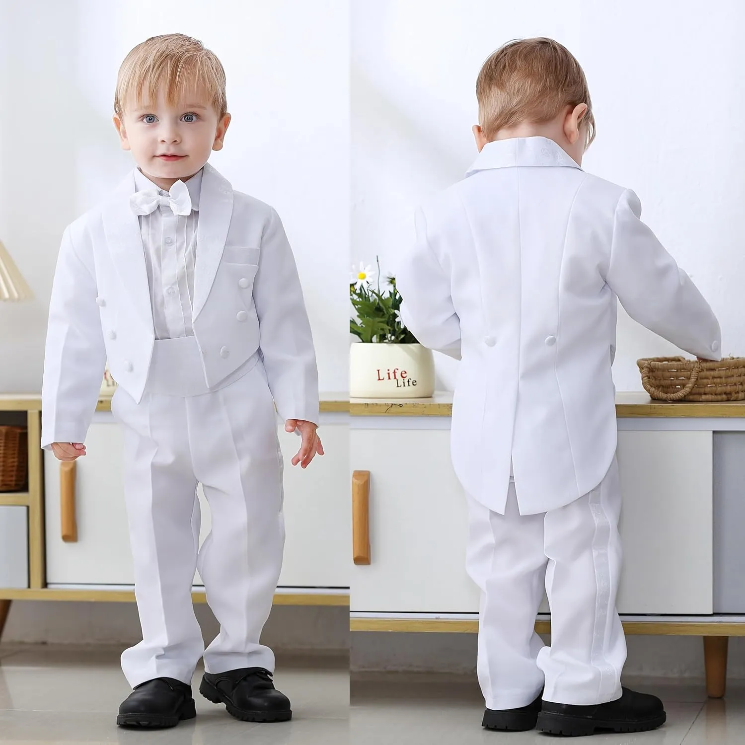 Dressy Daisy Boys Tuxedo Suit 5 Pieces Set Formal Wear Wedding Outfit with Cummerbund, Black/White 001