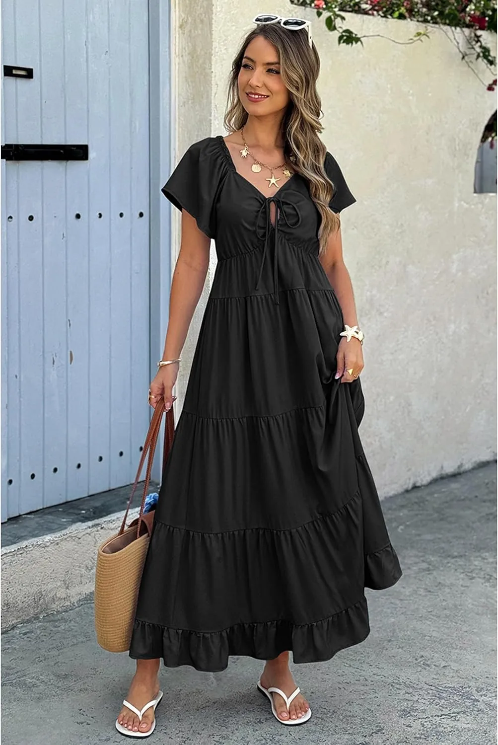 ECOWISH Womens Summer Maxi Dress 2025 Flutter Short Sleeve V Neck Tie Front Wedding Guest Vacation Tiered Flowy Dresses