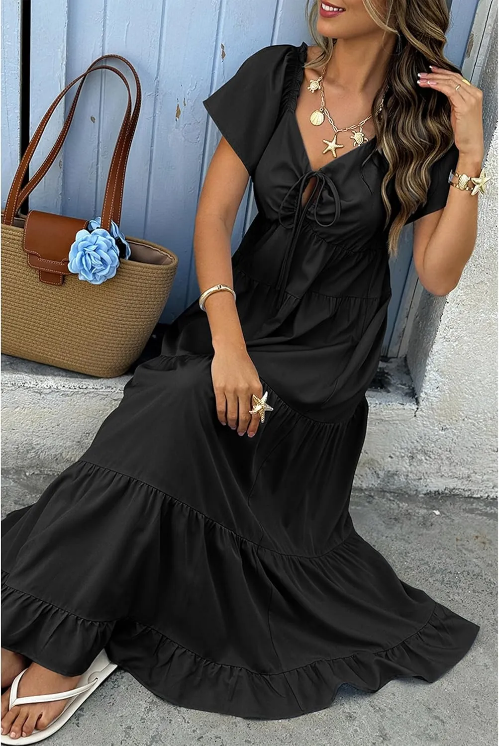 ECOWISH Womens Summer Maxi Dress 2025 Flutter Short Sleeve V Neck Tie Front Wedding Guest Vacation Tiered Flowy Dresses