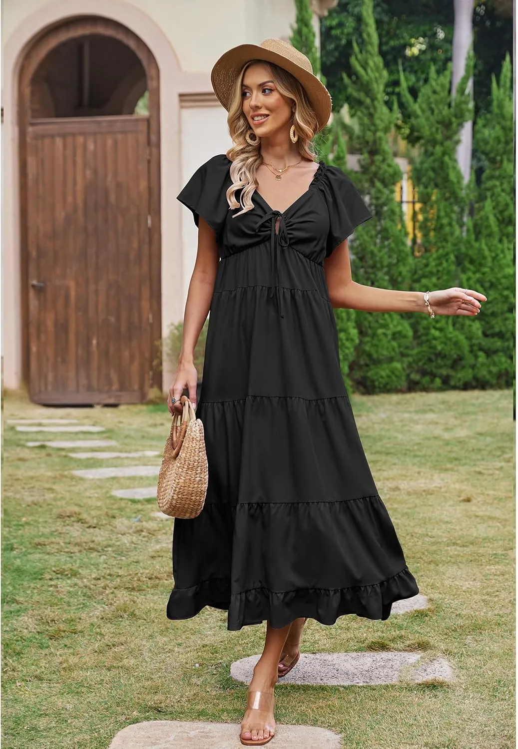 ECOWISH Womens Summer Maxi Dress 2025 Flutter Short Sleeve V Neck Tie Front Wedding Guest Vacation Tiered Flowy Dresses