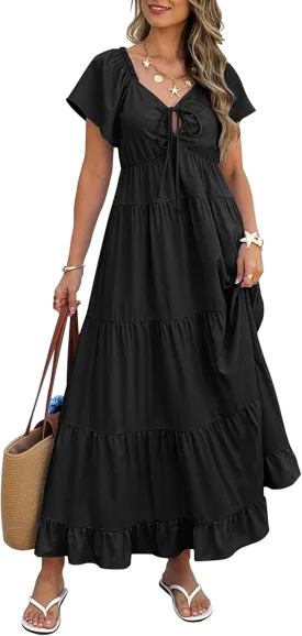 ECOWISH Womens Summer Maxi Dress 2025 Flutter Short Sleeve V Neck Tie Front Wedding Guest Vacation Tiered Flowy Dresses