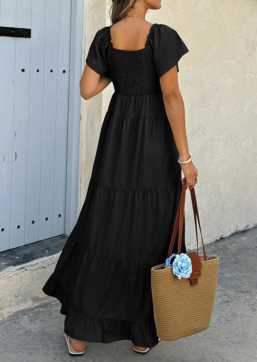 ECOWISH Womens Summer Maxi Dress 2025 Flutter Short Sleeve V Neck Tie Front Wedding Guest Vacation Tiered Flowy Dresses