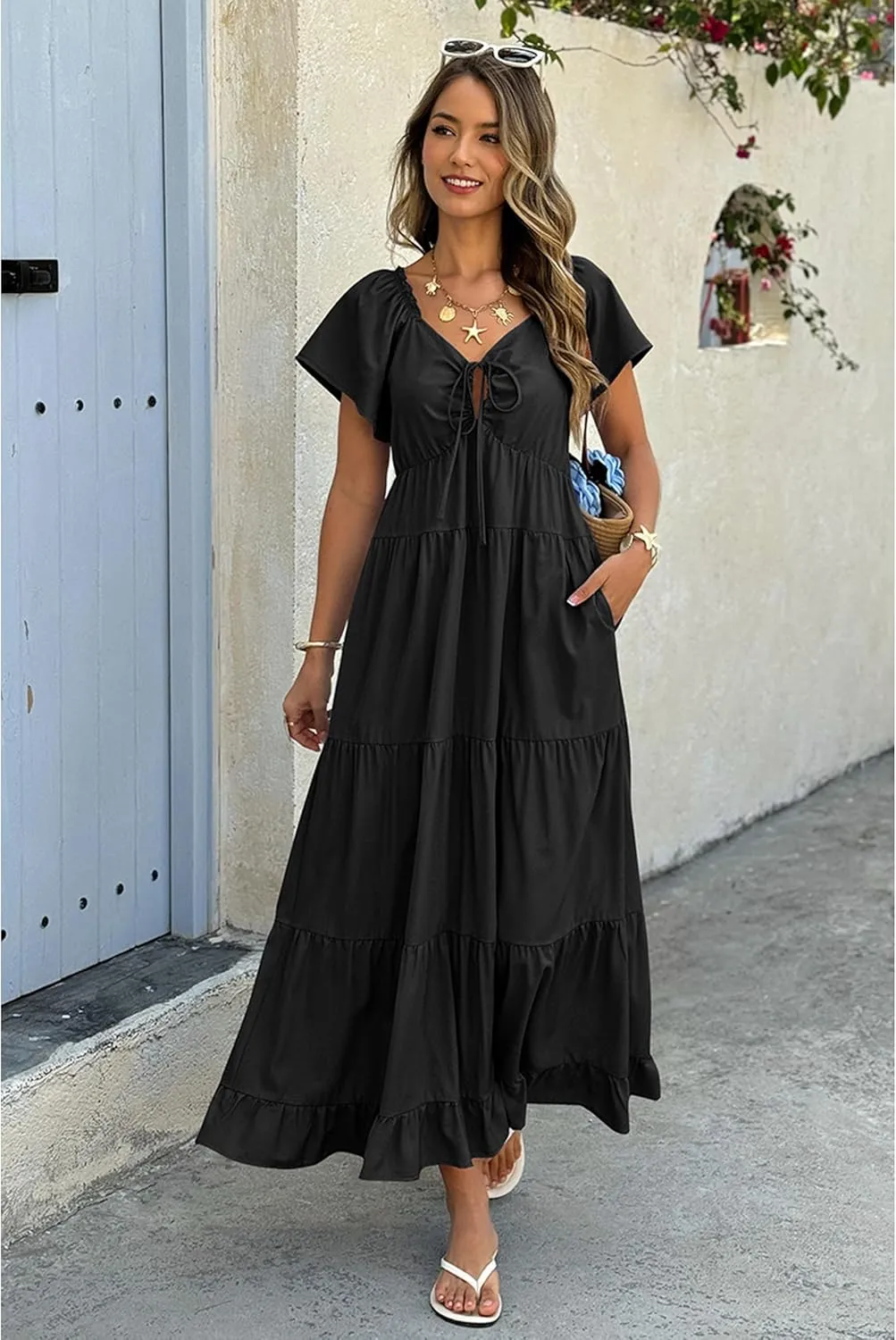 ECOWISH Womens Summer Maxi Dress 2025 Flutter Short Sleeve V Neck Tie Front Wedding Guest Vacation Tiered Flowy Dresses