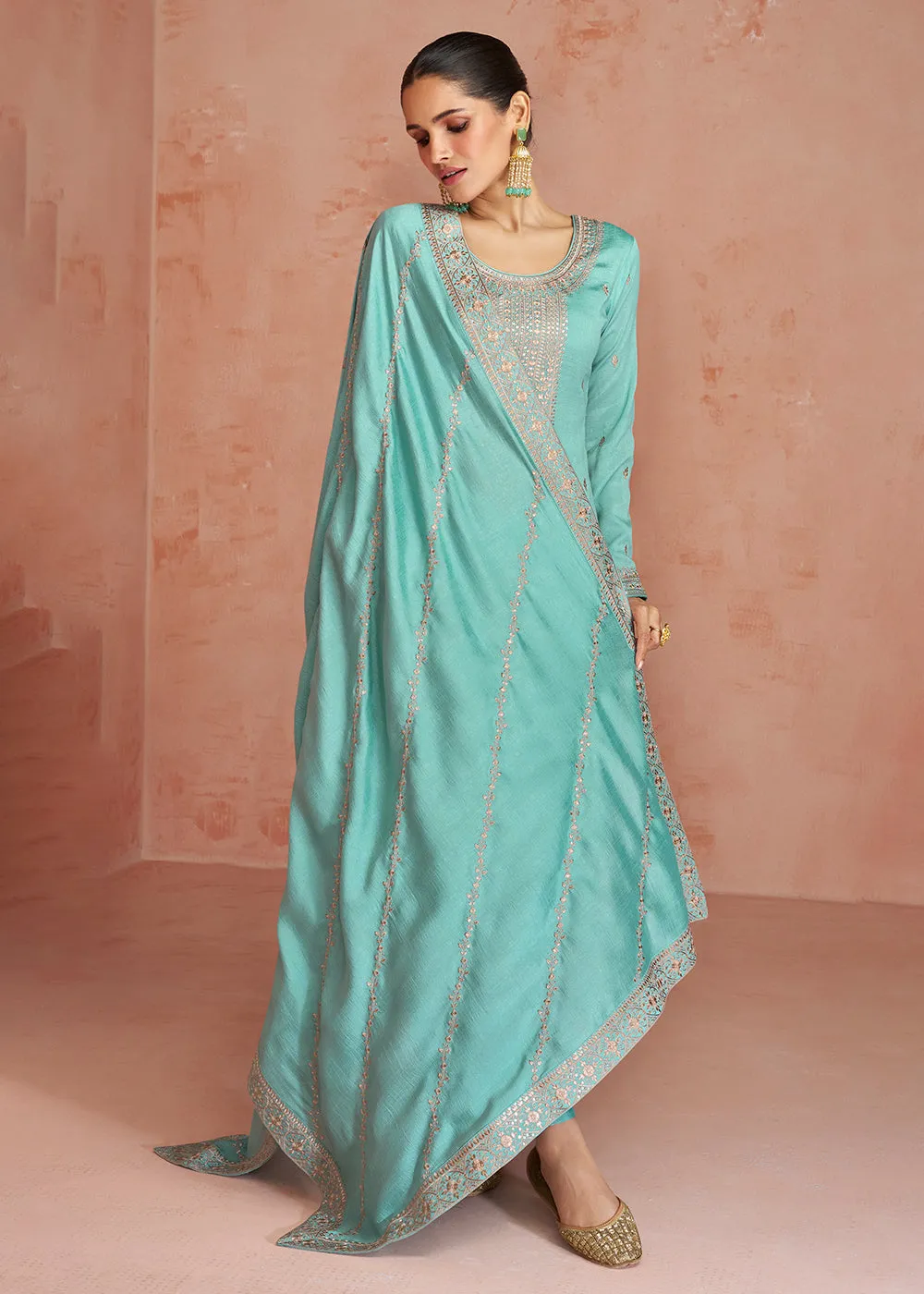 Elegant Mint Blue Silk Embroidered Palazzo Salwar Kameez