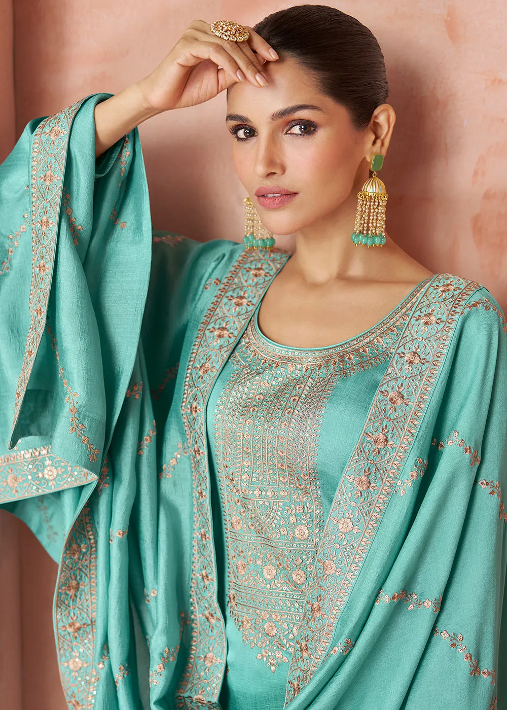 Elegant Mint Blue Silk Embroidered Palazzo Salwar Kameez