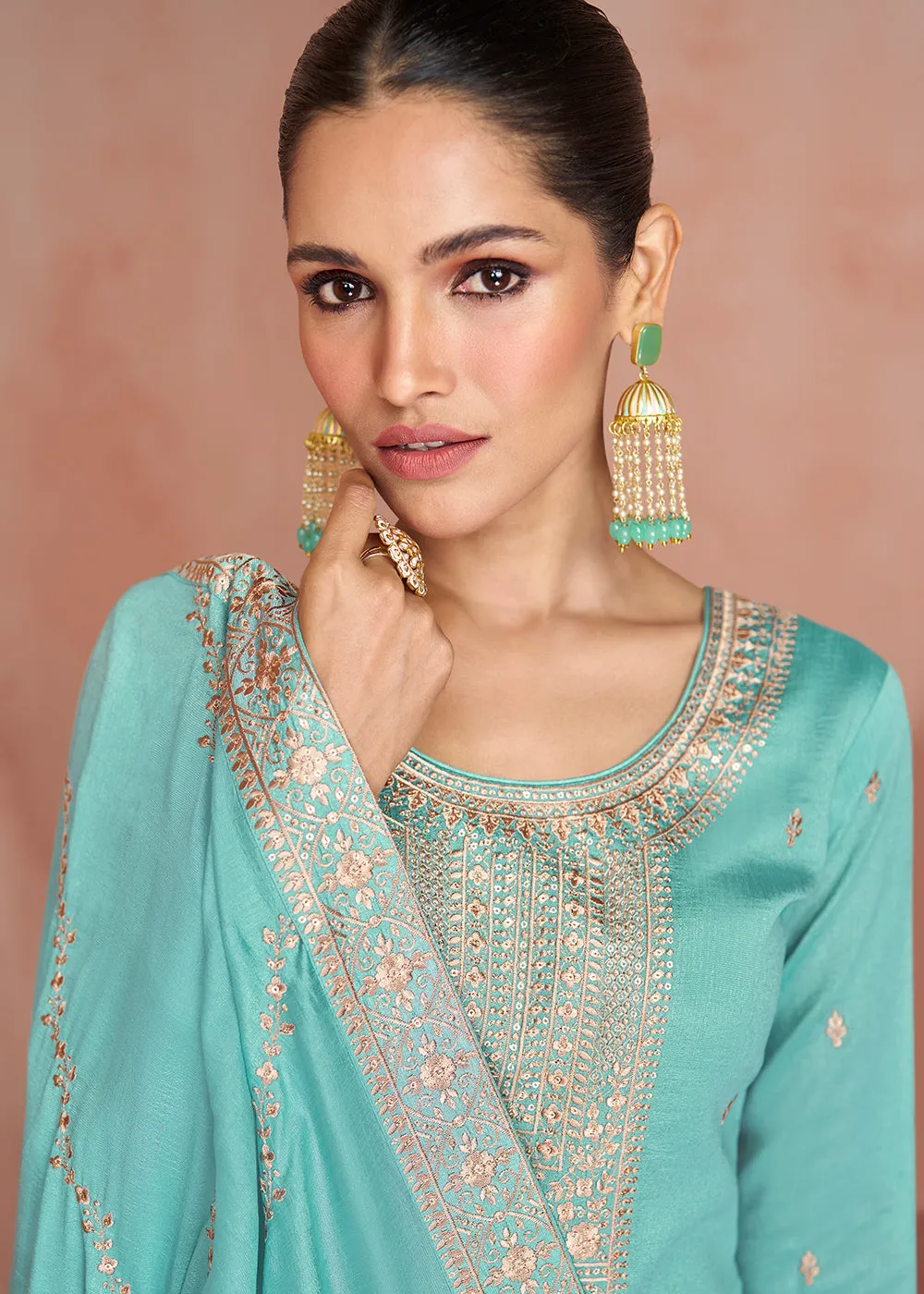 Elegant Mint Blue Silk Embroidered Palazzo Salwar Kameez