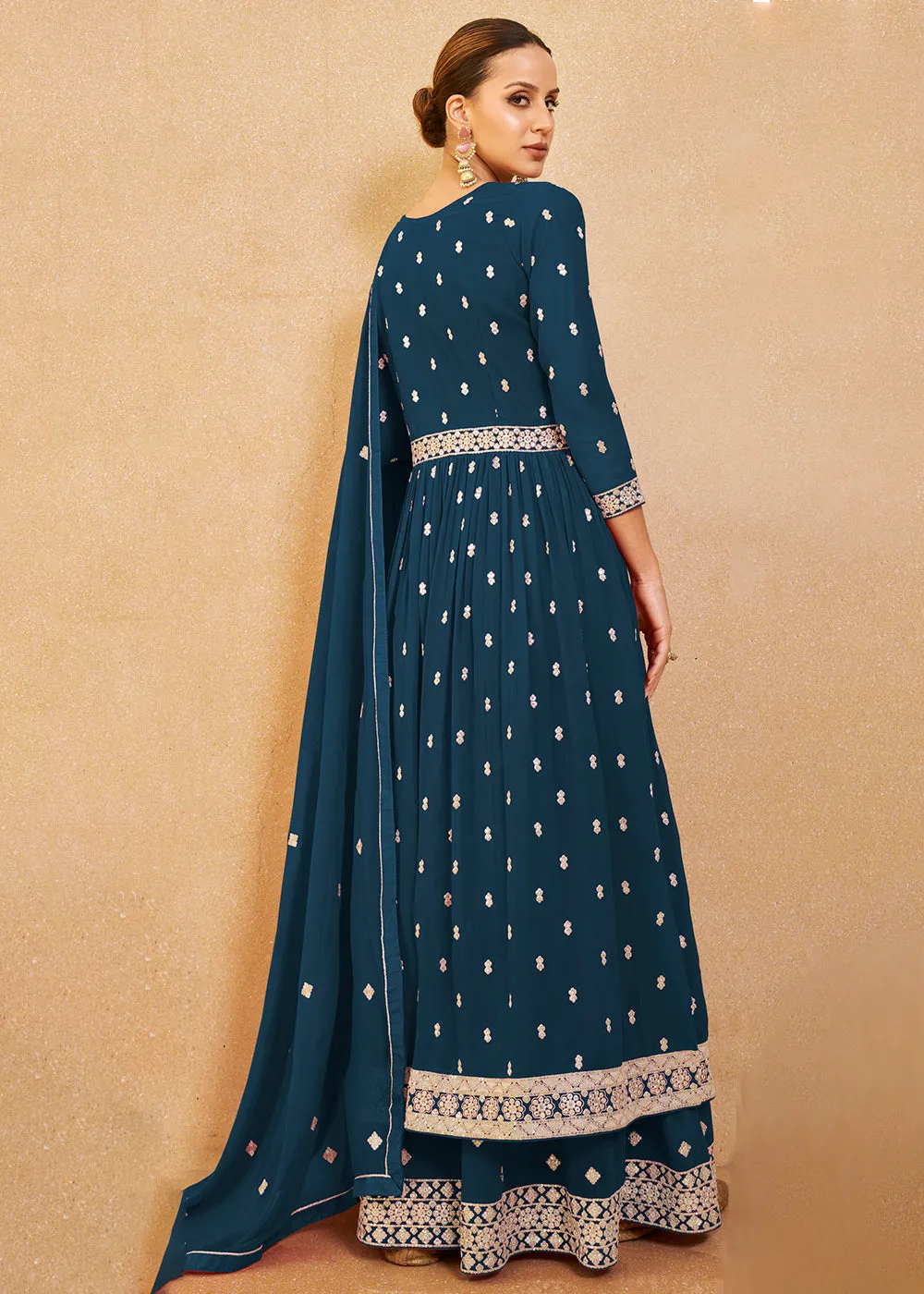 Excellent Teal Blue Real Georgette Palazzo Style Salwar Suit