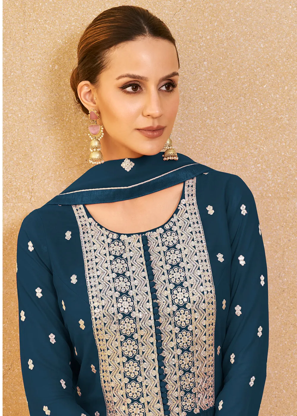 Excellent Teal Blue Real Georgette Palazzo Style Salwar Suit