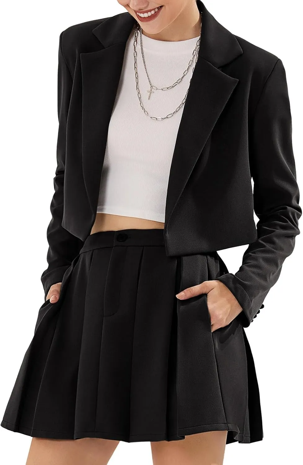 EXLURA Women's Business Casual Blazer Suit Sets and Pleated Mini Skirt 2 Piece Outfits Trendy Long Sleeve Y2K Clothes 2025
