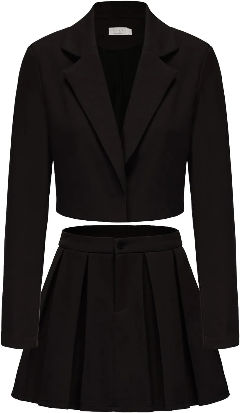 EXLURA Women's Business Casual Blazer Suit Sets and Pleated Mini Skirt 2 Piece Outfits Trendy Long Sleeve Y2K Clothes 2025