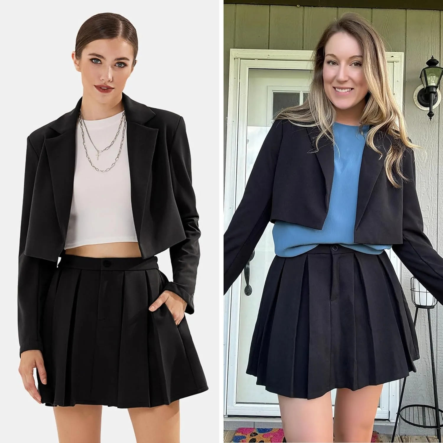EXLURA Women's Business Casual Blazer Suit Sets and Pleated Mini Skirt 2 Piece Outfits Trendy Long Sleeve Y2K Clothes 2025