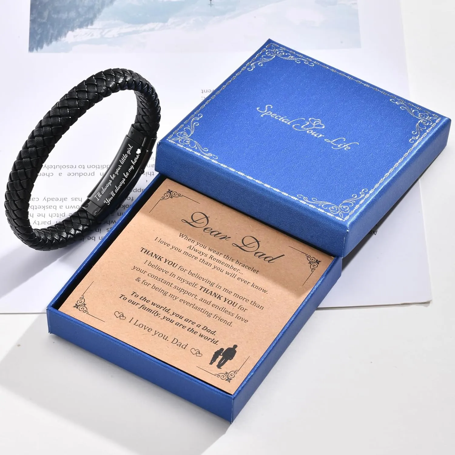 Fathers Gift for Dad Mens Leather Bracelet, Adjustable Black Braided Leather Dad Bracelet for Husband Boyfriend, Father's Day Jewelry Gifts from Daughter Wife Son, Box & Card