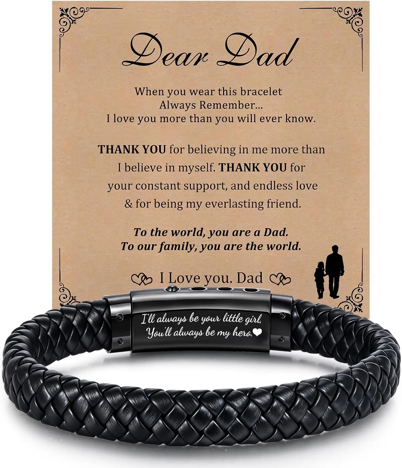 Fathers Gift for Dad Mens Leather Bracelet, Adjustable Black Braided Leather Dad Bracelet for Husband Boyfriend, Father's Day Jewelry Gifts from Daughter Wife Son, Box & Card
