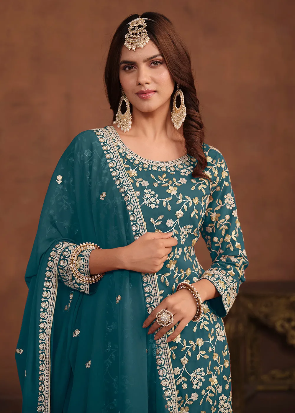 Faux Georgette Teal Blue Embroidered Festive Salwar Suit