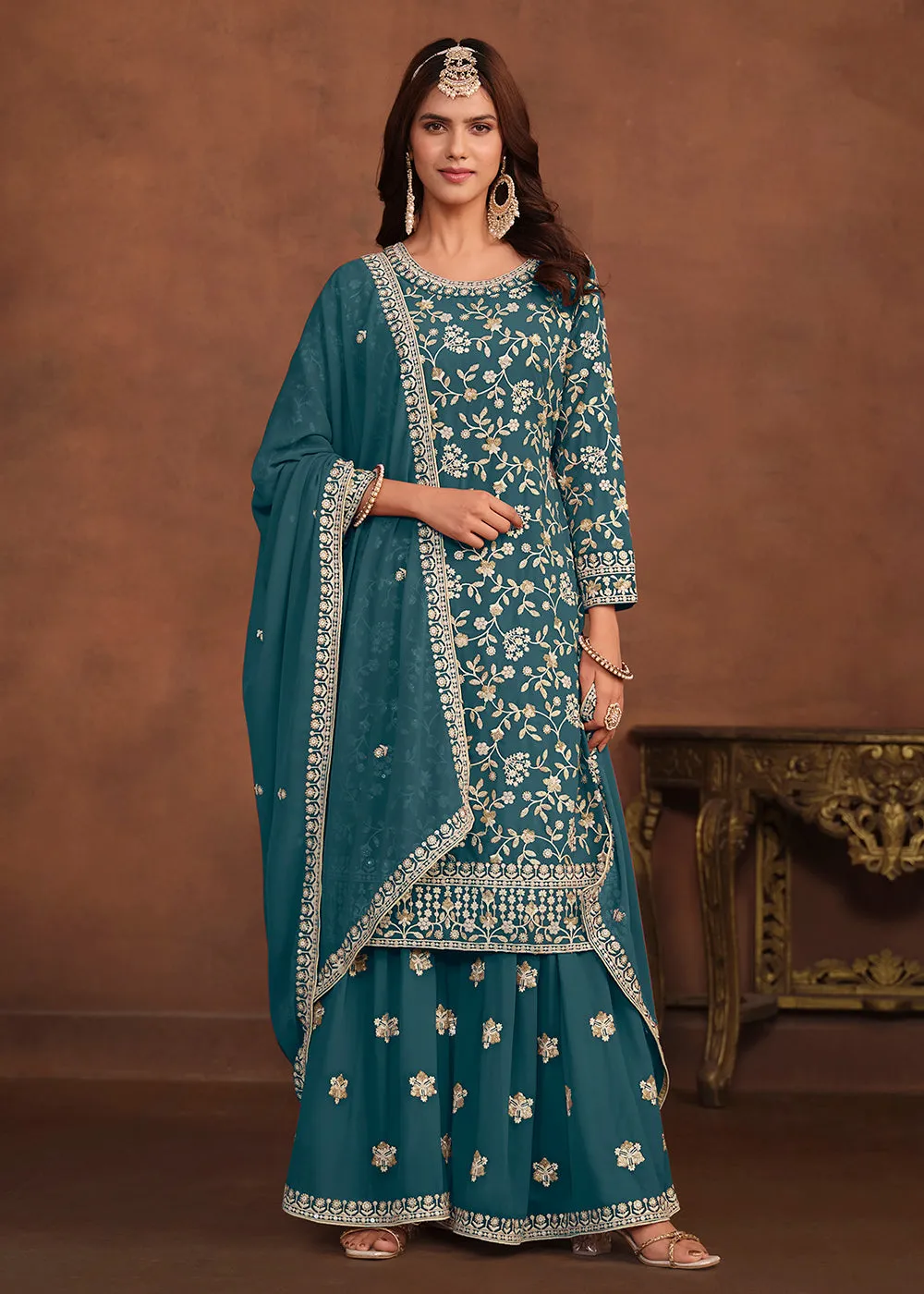 Faux Georgette Teal Blue Embroidered Festive Salwar Suit