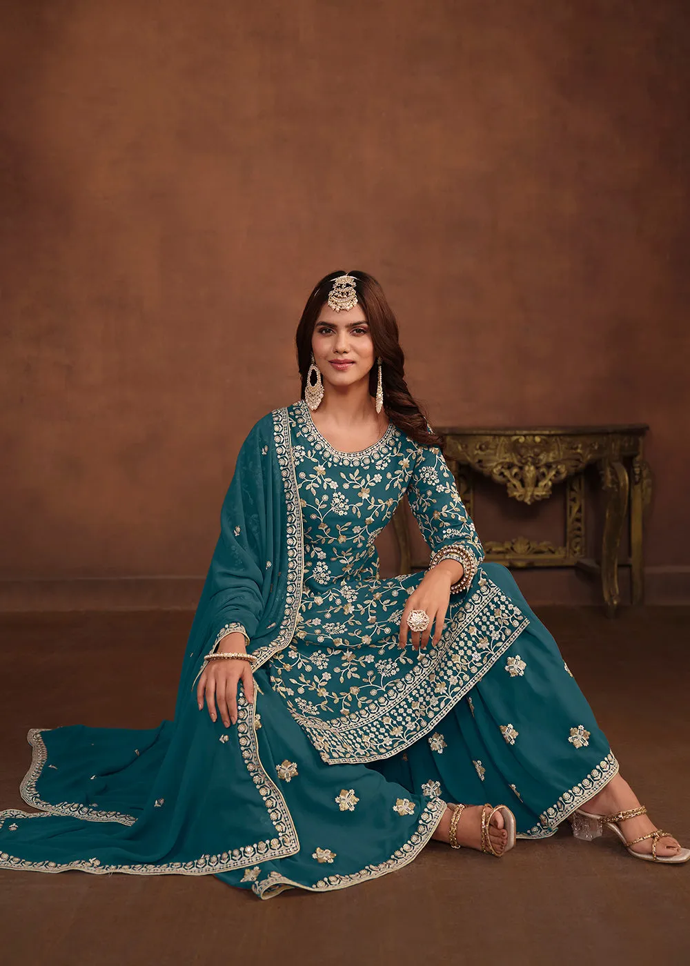 Faux Georgette Teal Blue Embroidered Festive Salwar Suit