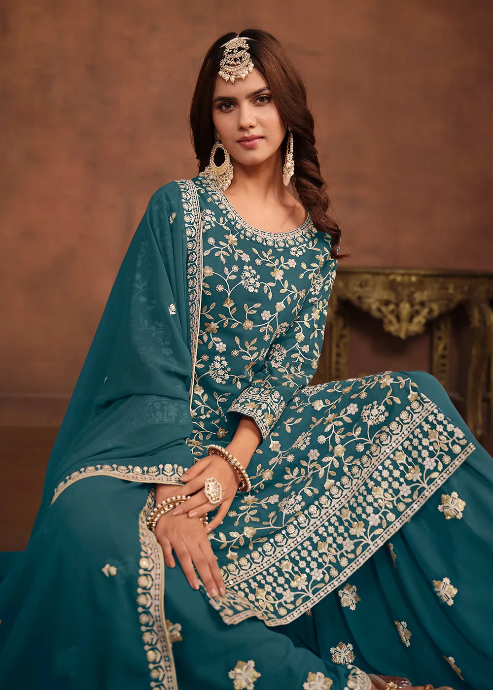 Faux Georgette Teal Blue Embroidered Festive Salwar Suit