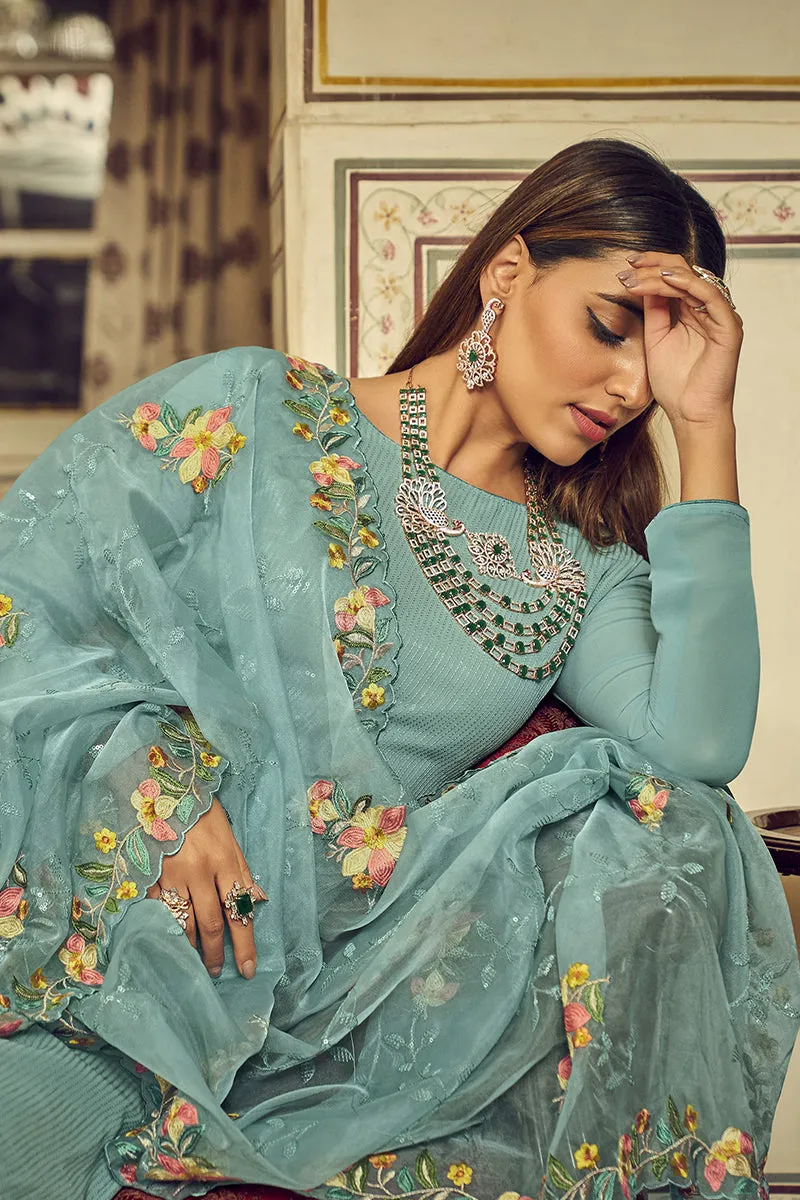 Festive Teal Blue Embroidered Designer Salwar Suit