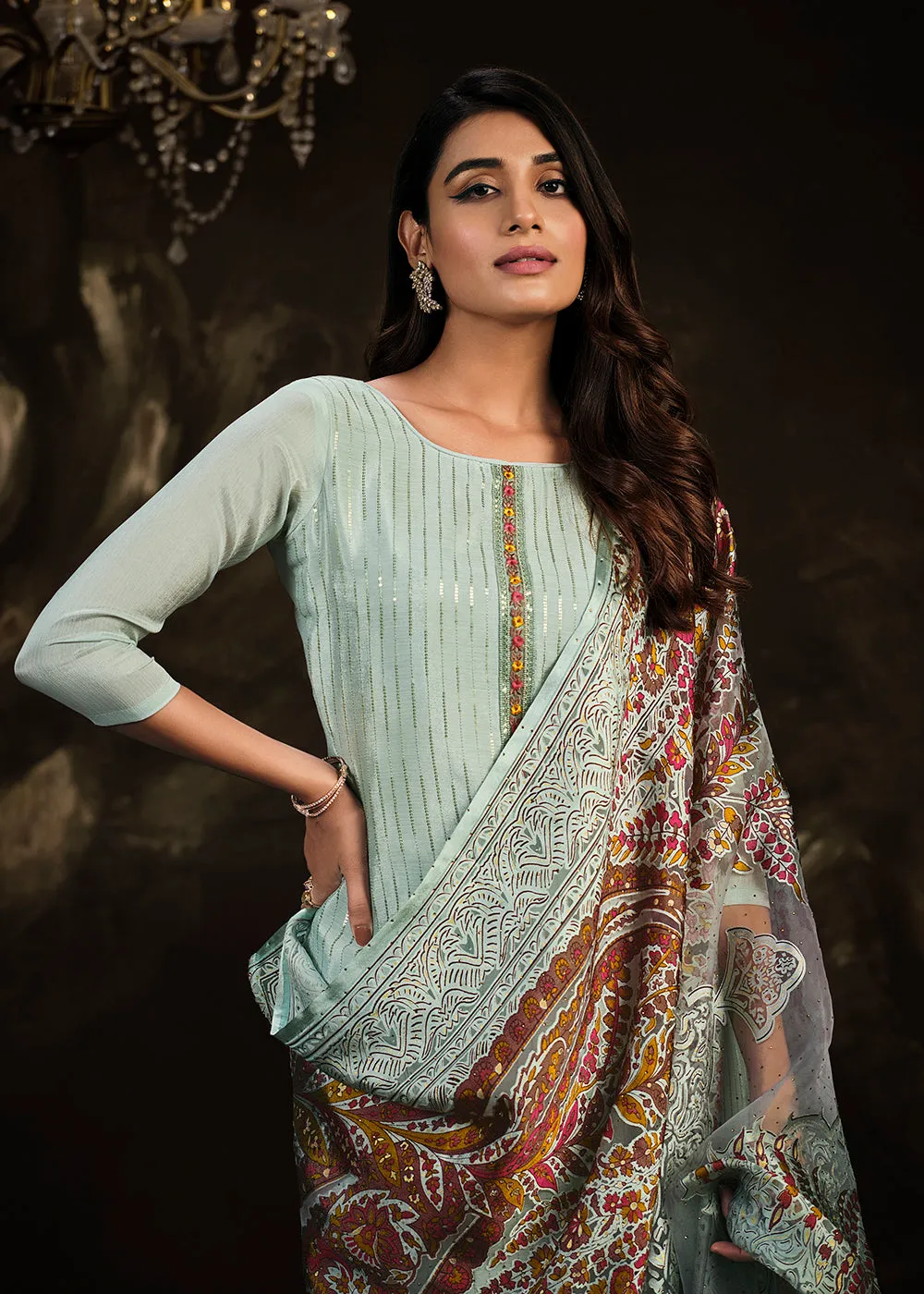 Fetching Blue Chinnon Embroidered Pant Style Salwar Suit