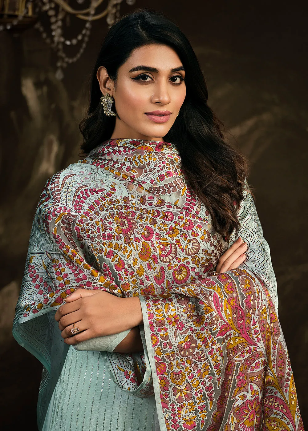 Fetching Blue Chinnon Embroidered Pant Style Salwar Suit