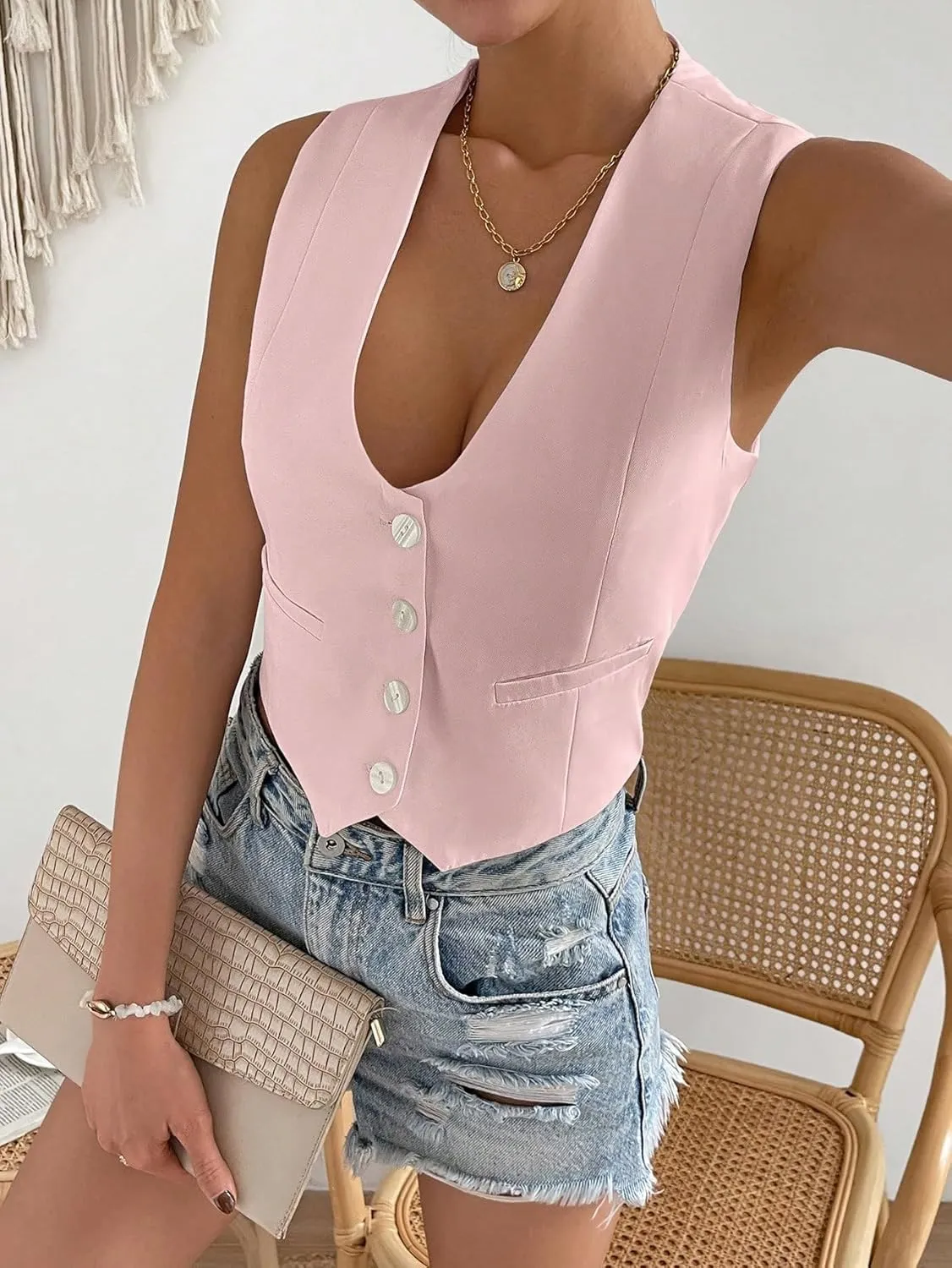 Floerns Women's Solid Sleeveless Button Front V Neck Vest Waistcoat Crop Top