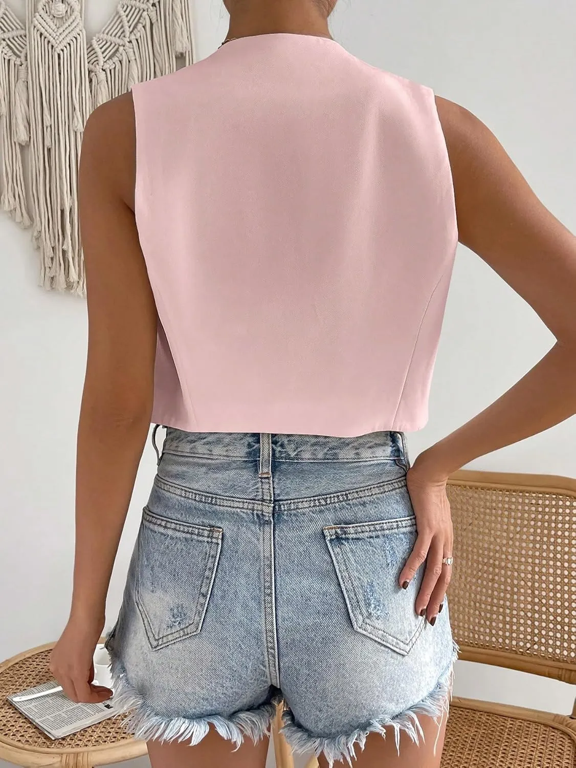 Floerns Women's Solid Sleeveless Button Front V Neck Vest Waistcoat Crop Top