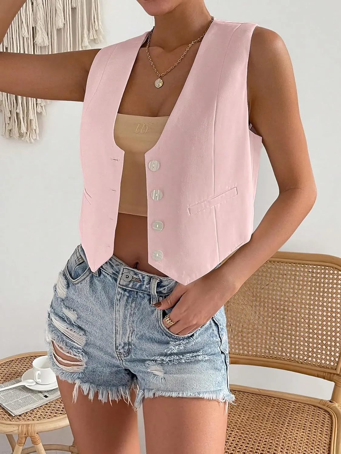 Floerns Women's Solid Sleeveless Button Front V Neck Vest Waistcoat Crop Top