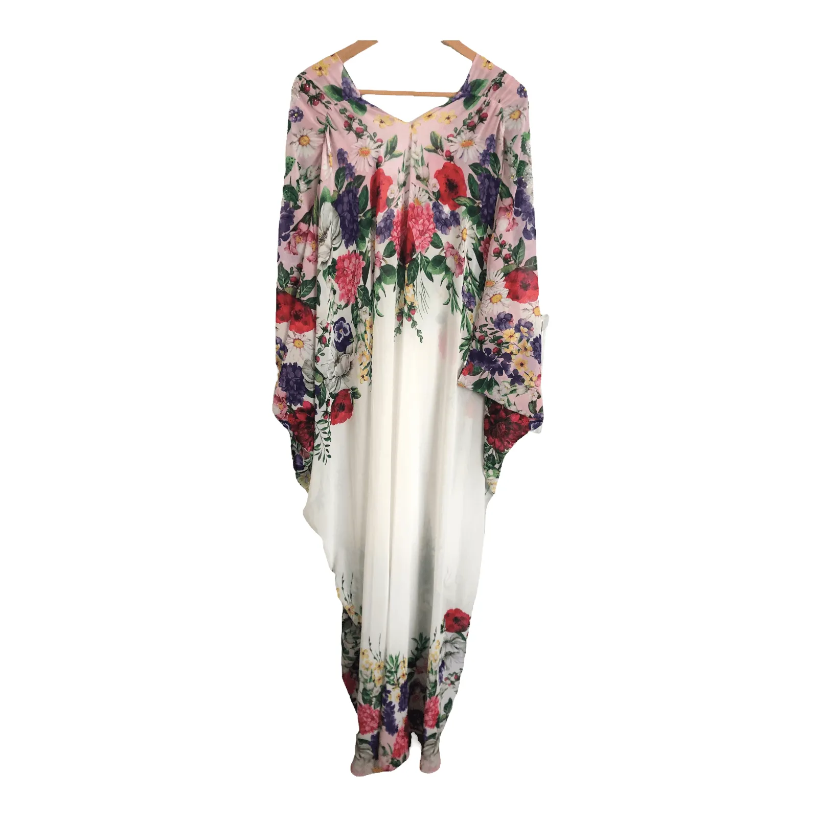 Genese of London  Sleeveless Kaftan Maxi Dress White Floral Print w/ Swarovski Beads w Belt UK S/M